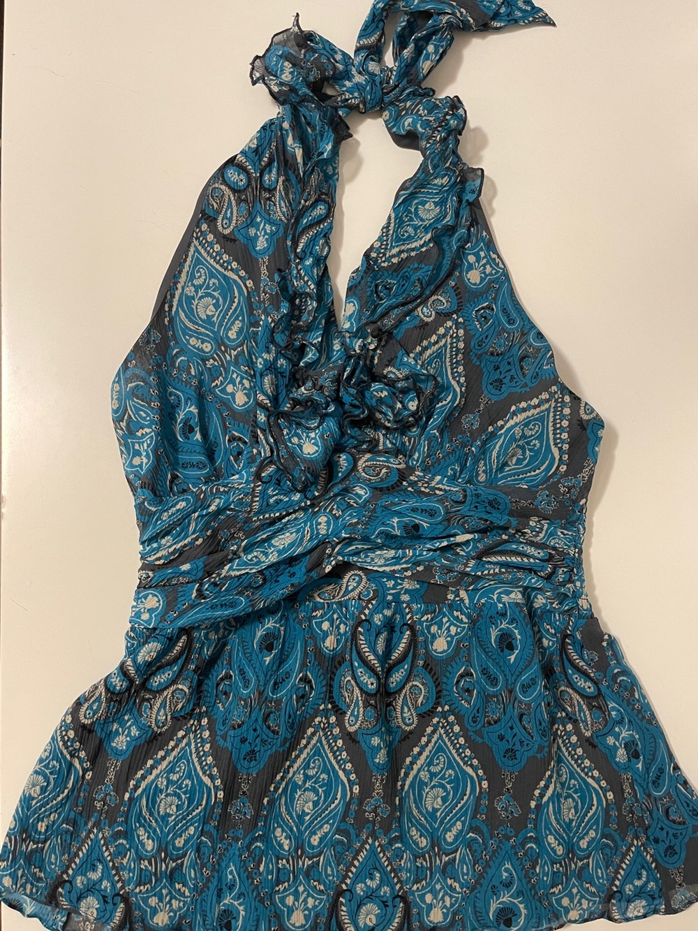 Oscar de la Renta Vintage Y2K Teal Paisley Halter Top, 100% Silk, Designer top